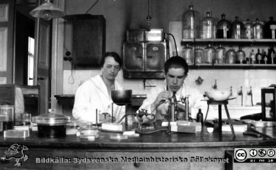 Fotoalbum tillägnat Professor Torsten Hellman från histologkursen 1929. 
Fotoalbum tillägnat Professor Torsten Hellman med tacksamhet och vördnad från histologkursen 1929. Albumtext "Greta Brodin, Erik Rydén". Kursdeltagare  i kurslaboratoriet vid en arbetsbänk. 
- Greta Brodin (1907 - 1982) blev efter tjänstgöringar på barn- och internmedicinska samt psykiatriska  kliniker praktiserande läkare i Göteborg från 1943.
- Erik Rydén (f. 1908) hade olika läkarförordnanden till 1940 följt av tjänster på internmedicinska och pediatriska kliniker i Helsingborg. Han var förste skolläkare i Helsingborg sedan 1953. 
Nyckelord: Anatomiska Institutionen;Histologiska avdelningen;Locus Medicus Lundensis;Medicinska fakulteten i Lund;Sydsvenska Medicinhistoriska Sällskapet;Medicine studerande