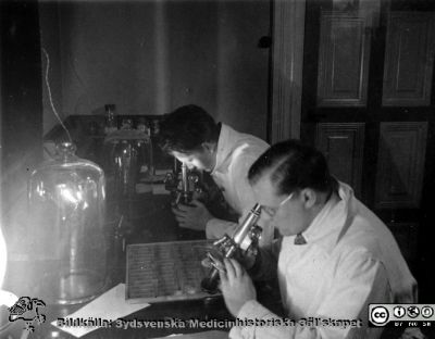 1928 års kurs i histologi i Lund
Fotoalbum märkt Histologikursen anno 1928. 
Detta album innehåller bilder från dåvarande histologiska avdelningen på anatomiska institutionen i Lund på Biskopsgatan 7. Liksom de övriga i serien skapades det av kursdeltagarna och tillägnades kursledaren, professor Torsten Hellman, som uppskattning av hans lärargärning. Bilden visar två kursamanunerser, "Eoner". De är från vänster Fredrick Koch och Henry Dahlin enligt bildtext. 
Bildkälla Stiftelsen Locus Medicus Lundensis 250317.
Nyckelord: Locus Medicus Lundensis;Medicinska fakulteten i Lund;Histologiska avdelningen;Sydsvenska Medicinhistoriska Sällskapet;SMHS;Anatomiska Institutionen;Studenter;Lärare