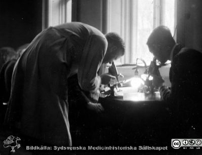 1928 års kurs i histologi i Lund
Fotoalbum märkt Histologikursen anno 1928. 
Detta album innehåller bilder från dåvarande histologiska avdelningen på anatomiska institutionen i Lund på Biskopsgatan 7. Liksom de övriga i serien skapades det av kursdeltagarna och tillägnades kursledaren, professor Torsten Hellman, som uppskattning av hans lärargärning. Bilden visar en av kursamanunerserna, "Eonerna", amanuens Hjalmar Sjövall och till höger studenten NN. Matell. enligt bildtext. Han står vid ett kursmikroskop i avdelningens mikroskoperingssal. 
Bildkälla Stiftelsen Locus Medicus Lundensis 250317.
Nyckelord: Locus Medicus Lundensis;Medicinska fakulteten i Lund;Histologiska avdelningen;Sydsvenska Medicinhistoriska Sällskapet;SMHS;Anatomiska Institutionen;Studenter;Lärare