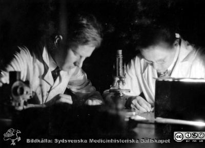 1928 års kurs i histologi i Lund
Fotoalbum märkt Histologikursen anno 1928. 
Detta album innehåller bilder från dåvarande histologiska avdelningen på anatomiska institutionen i Lund på Biskopsgatan 7. Liksom de övriga i serien skapades det av kursdeltagarna och tillägnades kursledaren, professor Torsten Hellman, som uppskattning av hans lärargärning. Bilden visar två av kursamanuenserna, "Eonerna" Hjalmar Sjövall och Henry Dahlin enligt bildtext. De sitter vid kursmikroskop.
Bildkälla Stiftelsen Locus Medicus Lundensis 250317.
Nyckelord: Locus Medicus Lundensis;Medicinska fakulteten i Lund;Histologiska avdelningen;Sydsvenska Medicinhistoriska Sällskapet;SMHS;Anatomiska Institutionen;Studenter;Lärare