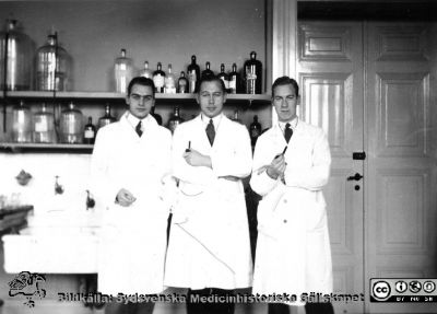 Fotoalbum  från histologkursen 1931.  Bildtext "Nordström, Jerre, Lange".  Rimligen tre amanuenser vid histologiska avdelningen. Foto troligen i kurslaboratoriet vid hyllor med glasflaskor. Två av dem röker pipa. 
Bildkälla Stiftelsen Locus Medicus Lundensis 250317. Sydsvenska Medicinhistoriska Sällskapet / SMHS. Fotograf okänd.
Nyckelord: Histologiska avdelningen;Anatomiska Institutionen;Locus Medicus Lundensis;Medicinska fakulteten i Lund;Medicine studerande;Amanuenser