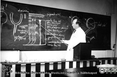 Fotoalbum  från histologkursen 1931.  Bildtext "Ombytta roller". Amanuens Gösta Glimstedt (1905 - 1970) har ritat upp en schematisk bild av ögat och synsinnet och pekar på cellerna i en människas näthinna enligt spanjoren Ramon y Cajals studier i slutet på 1800-talet. De gällde ett halvt sekel till. Professor Torsten Hellman och ett par amanuenser satt som åhörare till Glimstedts genomgång. (fil imgLA2250318ff366). 
Bildkälla Stiftelsen Locus Medicus Lundensis 250317. Sydsvenska Medicinhistoriska Sällskapet / SMHS. Fotograf okänd.
Nyckelord: Medicine studerande;Histologiska avdelningen;Anatomiska Institutionen;Medicinska fakulteten i Lund;Locus Medicus Lundensis;Universitetet i Lund;Föreläsningssal