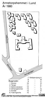 Karta över Annetorpshemmet i Lund 1960
Från Sjöström (1982): Annetorpshemmet och dess föregångare 1882-1982.
Nyckelord: Park;Annetorpshemmet;Exteriört;Lund;Blinda;Komplicerat;Lyte;Karta;Översikt