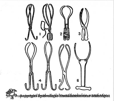 Förlossningstänger av Chamberlain c:a 1636
Forceps invented by the Englishman Chamberlain around 1636. Reprofoto monterat på pappskiva. Påskrift med handstil: "Gynekologi. MS-8.594". 
Nyckelord: Obstetrik;Förlossningstång;Chamberlain;1636;1600-talet;Reprofoto;Monterat