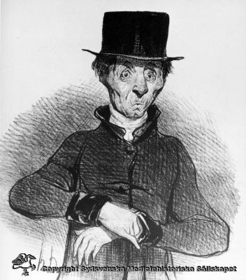Daumier: "Slår pulsen ojämnt?
Omonterat reprofoto. Påskrift: "Utgår, mycket känd. Diagnostik"
Keywords: Diagnostik;Puls;Honoré;Daumier;Hypokondri;Karikatyr;Reprofoto;Omonterat;Kapsel 08