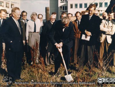 Första spadtaget till centralblocket vid Lasarettet i Lund
Första spadtaget 30 september 1964. I främre ledet längst till vänster landstingsrådet Torsten Andrée, sedan (i bara skjortärmarna, som alltid) docent Stig Tejning. Gunnar Lindgren (fakultetens dekanus) står till höger om spadföraren, med papper i handen. Spadföraren är möjligen Hjalmar Koch, då ordförande i sjukhusets överläkarförening. Övriga är ej identifierade. Från ett album gjort av byggfirman SIAB från bygget av C-blocket i Lund 1964 - 1967. Det är tillägnat professor Olle Olsson, en av de starkaste cheferna på sjukhuset vid denna tid och förvaras på hans gamla klinik / avdelning.
Nyckelord: Lasarettet;Lund;Universitet;Universitetssjukhus;Blocket;Centralbyggnaden;C-blocket;Bygge.
