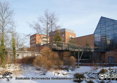 Universitetssjukhuset i Lund. Strålbehandlingsavdelningen 
Strålbehandlingsavdelningen från sydväst med Alwallhuset i bakgrunden, Universitetssjukhuset i Lund. Träbron går ut från onkologiska klinikens strålningsavdelning ut över en liten damm (här isbelagd), ofta kallad "onk-dammen".
Nyckelord: Universitetssjukhus;Lasarett;Lund;USiL;SUS;Onkologi;Strålbehandling