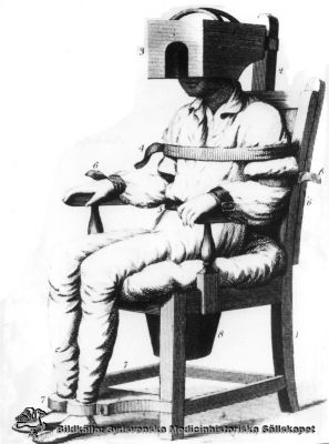 Psykiatri 1810: behandling i lugnande stol (tvångsstol)
Mentalsjukvård. Tranquilizing chair (1810) suggested by Benjamin Rush, whose treatise on insanity was an outstanding systematic study. National Library of Medicine, Bethesda. Reprofoto, Omonterat
Nyckelord: Tvångsstol;Mentalsjukvård;Psykiatri;Reprofoto;Omonterat;1810;Rush;Benjamin;Kapsel 10