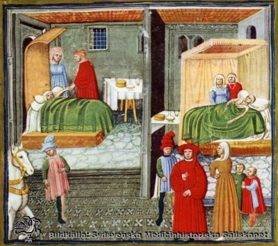 Ett medeltida läkarbesök 
MEDICINE IN ITALIAN ART. The doctor´s visit: his arrival, the examination of the patient, and the advice given to the person attending to the patient. 
Detail of a page of Italian miniatures belonging to a copy of Avicenna´s "Canone", now preserved in the Library of Bologna University). CONVIVIUM SANITATIS - Volume II. - No. 5. 
Avicennas text är ursprungligen från c:a 1025 och boken anses vara producerad i Italien mitten på 1400-talet.
Nyckelord: Läkarbesök;patient;Konst;Italiensk;Bologna;bibliotek;Universitetsbibliotek;Convivium;Sanitatis;Avicenna;Kapsel 10