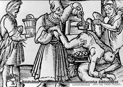 Lavemang, 1500-talet
Lavemang. MS - 8.749. "3". Lavemangscen omkring 1500 - talet. 

Lavemangsscen från 1516: Även lavemanget är känt sedan äldsta tider. Vissa perioder har det använts som "botemedel" mot så gott som alla sjukdomar. Som synes av bilden kunde det vara en invecklad procedur som krävde assistans av en eller flera personer. Det har dock funnits lavemangssprutor som man kunde sköta utan inblandning av utomstående. Text från Bengt I. Lindskog i Recip Reflex 1971. Reprofoto Monterat
Nyckelord: Lavemang;Reprofoto;Monterat;1500-talet;Lindskog;Bengt;Recip;Reflex