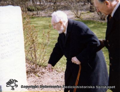 Hugo Fröderberg och Sture Rayner vid minnesstenen och graven för anonyma vipeholmspatienter. Foto 1981.
Vipeholm. Gravplats N. kyrkogården, Lund. Hugo Fröderberg och Sture Rayner vid minnesstenen. Text på denna "Minne över patienter : från Vipeholms sjukhus : som här fått sitt sista vilorum : 1935 - 1965 : Var resan stormig : Huru skön är hamnen"
Nyckelord: Fröderberg;Hugo;Vipeholm;Kapsel 14;Foto;Omonterat;Kyrkogård;Gravplats;Minnessten;Sture;Rayner