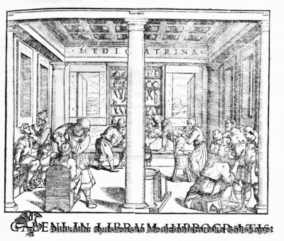 Galenos kirurgi, från ett venetianskt tryck 1550
Kirurgi. 384 Clinic scene, or Medicatrina, from Venetian edition of Galen´s works published in 1550, showing surgical procedures described by Galen - on the head, eye, leg, mouth, bladder or genitals - still followed in the 16th century. Collection Bertarelli, Milan. Från en venetiansk upplaga av Galenos´skrifter (1550), som beskriver olika kirurgiska ingrepp. 
Nyckelord: Kirurgi;Medicatrina;Venedig;Galeno;1550;huvud;öga;ben mun;blåsa;genitalia;1600-talet;Bertarelli;Milano;ingrepp;Reprofoto;Omonterat;Kapsel 09