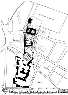 Situationsplan över hela Lasarettet i Lund år 1918
PÃ¤rm Lasarettets bildarkiv, "gamla bilder". A. Text, troligen från Borelii historik 1918. Fig.15. Situationsplan över hela lasarettet under år 1918. Huset markerat med grått strax väster om gamla röntgen/kirurgpolikliniken byggdes aldrig. Något längre västerut byggdes i stället 1929 års kök och matsalar. Repronegativ
Nyckelord: Lasarettet;Lund;Norra;Området;Karta;Beskrivning;Universitet;Universitetssjukhus