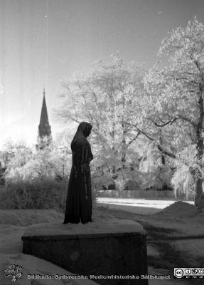Vinterbild, Lasarettet i Lund, 1960-talet
Pärm "Div. tagningar 1960 och t.v. Lasarettsexteriörer". Vinterbild. Staty "Modern" utanför barnkliniken. 1960-talet vid Getingevägen. Från negativ.
Nyckelord: Lasarettet;Lund;Universitetssjukhus;Radiologi;Barnklinik;Staty;Getingevägen;Vinter;Rimfrost