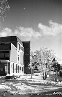 Vinterbild, Lasarettet i Lund, 1960-talet
Pärm "Div. tagningar 1960 och t.v.	Lasarettsexteriörer". Vinterbild. Administrations-blocket från västsydväst Foto på 1960-talet före högertrafikens införande 1967. Från negativ.
Nyckelord: Lasarettet;Lund;Universitetssjukhus;Vinter;Rimfrost;Administration