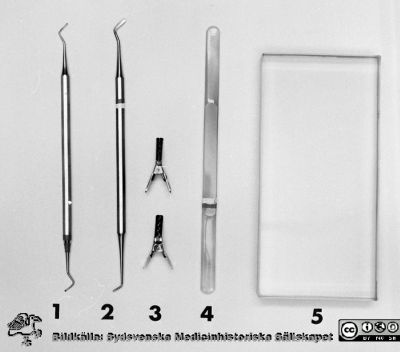 Instrumentsats för uppdukning på centraltandpolikliniken 1969
Pärm "USiL div. tagningar. 1960 och t.v.". Centraltandpol. 22/10 1969. Tandl. Dahl. instrumentdukn. Från negativ.
1. Kulstoppare, liten. 
2. Silikatinstrument
3. Stripsklämmor
4. Silikatspatel
5. Silikatglasplatta
Nyckelord: Lund;Lasarett;Universitet;Universitetssjukhus;Dental;Tandläkare;Oral;Kirurgi;Instrument