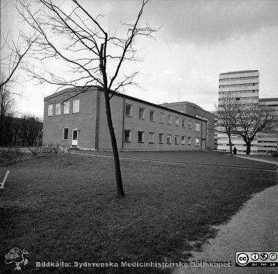 Lasarettet i Lund år 1967. Barnpsykiatriska kliniken
Lasarettsfotograferna i Lund. Pärm "Div. tagningar, 1960 och t.v.". Foto år 1967. Omärkt bild. Barnpsykiatriska klinikens östra flygel, från nordost. C-blocket syns i fonden. Från negativ
Nyckelord: Lasarett;Lund;Universitet;Universitetsklinik;USiL;Psykiatri;Barnpsykiatri;Barn