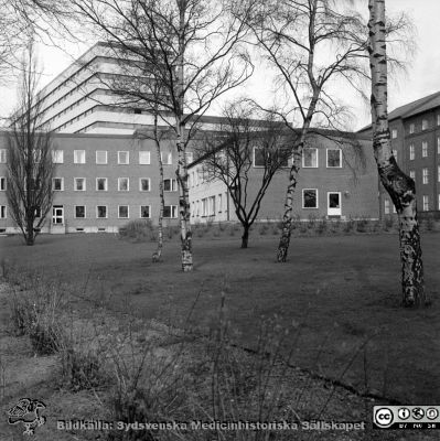 Lasarettet i Lund år 1967. Barnpsykiatriska kliniken
Lasarettsfotograferna i Lund. Pärm "Div. tagningar, 1960 och t.v.". Foto år 1967. Omärkt bild. Barnpsykiatriska kliniken från öster. Vuxenpsykiatrins byggnad skymtar till höger i bilden. Från negativ
Nyckelord: Lasarett;Lund;Universitet;Universitetsklinik;USiL;Psykiatri;Barnpsykiatri