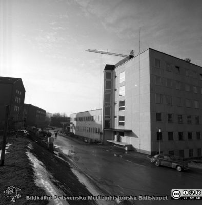 Laboratorieblockets första del på Lasarettet i Lund 1967
Pärm "Div. tagningar 1960 och t.v.". Omärkt bild. Foto 1967. Eb- och Ed-blocken byggdes först i det stora centralblockskomplexet. Eb-blocket ligger närmast. Bortom ligger det lägre Ec-blocket. Ea-blocket är ännu inte byggt. E-blocken byggdes för laboratorier och verkstäder. De experimentella låg i Ed-blocket. Från negativ.
Nyckelord: Lund;Lasarett;Universitet;Universitetssjukhus;USiL;Laboratorium;Lokaler
