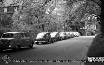 Lasarettet i Lund vid Sandgatans förlängning, senare Lasarettsgatan (1961)
Pärm "Div. tagningar 1960 och t.v.". Foto 1961. Foto mot norr. Gamla medicinska kliniken till vänster. Valvet som förbinder reumatologiska och de medicinska klinikerna i fonden. Kanske är det rimfrost på träden? Eller är de alldeles nyutslagna? Film no.27. Från negativ.
Nyckelord: Lund;Lasarett;Universitetssjukhus;Universitet;USiL;Medicin;Klinik;Reumatologi