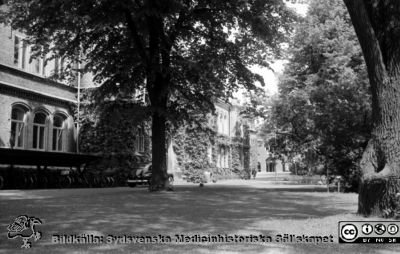 Lasarettet i Lund c:a 1961. Gamla ögonkliniken och kirurgiska kliniken. Fasader mot öster och parken vid Sandgatan.
Pärm "Div. tagningar 1960 och t.v.". Gamla kirurgiska kliniken i Lund, Fasad mot öster. Foto c:a 1961. Från negativ.
Nyckelord: Lund;Lasarett;Universitetssjukhus;Universitet;Klinik;Sjukhus;Kirurgisk