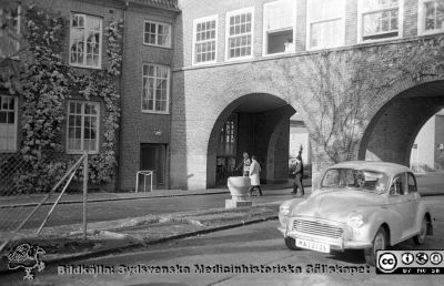 Höstlig vy 1961, norrut mot valvet mellan medicinska (till vänster) och reumatologiska (till höger) klinikerna. 
Lasarettsfotograferna. Lund. Pärm "Div. tagningar, 1960 och t.v.". Lasarettets exteriörer, 1960-talet. Vildvinet på valvet är avlövat och det ligger löv på marken närmast kameran. Foto 1961. Från negativ
Nyckelord: Lasarett;Lund;Universitet;Universitetssjukhus;USiL;Medicin;Reumatologi;Valv;Höst