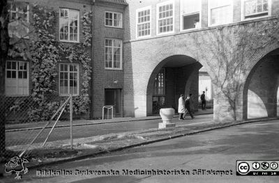 Höstlig vy i början på 1960-talet och före högertrafikens införande 1967, norrut mot valvet mellan medicinska (till vänster) och reumatologiska (till höger) klinikerna. 
Lasarettsfotograferna. Lund. Pärm "Div. tagningar, 1960 och t.v.". Lasarettets exteriörer, 1960-talet. Vildvinet på valvet är avlövat och det ligger löv på marken närmast kameran. Foto före 1967 som övriga bilder i denna serie. Från negativ
Nyckelord: Lasarett;Lund;Universitet;Universitetssjukhus;USiL;Medicin;Reumatologi;Klinik;Valv;Höst
