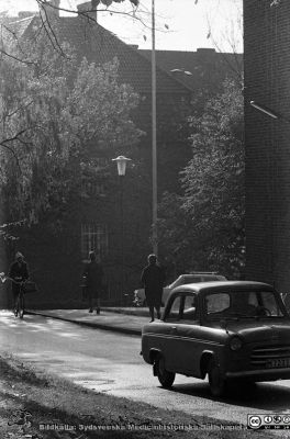 Lasarettet i Lund 1961
Lasarettsfotograferna. Lund. Pärm "Div. tagningar, 1960 och t.v.". Lasarettets exteriörer, 1960-talet. Höstlig bild mot söder, vid dåvarande medicinska klinikens östra gavel. Dåvarande kvinnokliniken i fonden. Foto 1961. Från negativ
Nyckelord: Lasarett;Lund;Universitet;Universitetssjukhus;USiL;Medicin;Kvinnoklinik;Klinik;Höst;Trafik