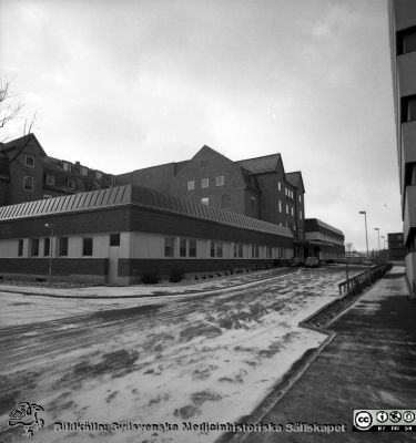 Nya kvinnokliniken sedd från nordost, nyligen renoverad och utökad 1976
Sjukhusfotograferna i Lund. Pärm negativ, S/V. 1976. 42.  Byggnaden var ursprungligen ortopedisk klinik, byggd i början av 1930-talet. Sjukhusets centralblock syns i bildens högra kant. Från negativ
Nyckelord: Lasarett;Lund;Universitet;Universitetssjukhus;USiL;Kvinnoklinik;Klinik;Gynekologisk;Barnbördsklinik;BB