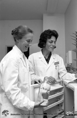 Ingrid Atterholm och Karin Norlin tar hand om vattenprover
Sjukhusfotograferna i Lund Pärm. Negativ, S/V. 1976. 135. Ingrid Atterholm och Karin Norlin. De tog vattenprover hemma hos patienter som drabbades av badfeber, en tidigare okänd allergisk alveolit. Det kunde aldrig fastställas vad som orsakade reaktionen, men sjukdomen beskrevs i Lancet 1977, oktober 1, sid. 684-686A. Från negativ
Nyckelord: Lasarett;Lund;Universitetssjukhus;USiL;Universiteet;Infektion;Epidemiologi;Badfeber