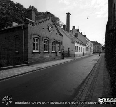 Paradisgatan vid dåvarande patlogiska institutionen, västerut, 1958
Pärm Lasarettsfoto, interiörer och exteriörer m.m. 1958 - 1960. Dåvarande hudkliniken på gatans vänstra sida, i hörnet mot sandgatan. Patologiska institutionens annex till vänster. Palaestra i bildens högra kant. 9/1958. Från negativ.
Nyckelord: Lasarettet;Lund;Universitetssjukhus;USiL;Patologisk;Klinik;Hud;Dermatologi;Venereologi