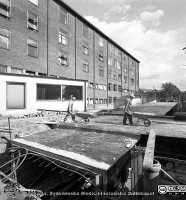 Kulverten förbi radiologiska klinikens söderfasad under byggnad 1958
Pärm Lasarettsfoto, interiörer och exteriörer m.m. 1958 - 1960. Den ljusa envåningsdelen som skjuter ut från radiologiska kliniken är deras föreläsningssal. Foto i juni 1958. Från negativ
Nyckelord: Lasarettet;Lund;Universitet;Universitetssjukhus;USiL;Kulvert;Radiologi;Jubileums;Klinik;Onkologi;Föreläsningssal