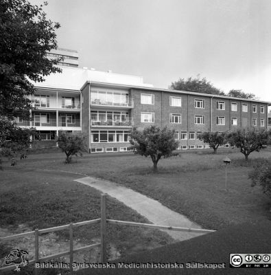 Ögonkliniken A i Lund 1987, nyrenoverad
Sjukhusfotograferna i Lund. Pärm Negativ, Dia, 1987 102/87. Film I.Fasad mot söder. Centralblocket skymtar i bakgrunden. Från negativ. 
Nyckelord: Lasarettet;Lund;Universitetssjukhus;USiL;Ögon;Oftalmiatrisk;Oftalmologisk;Klinik