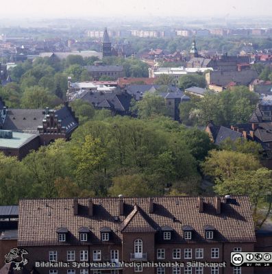 Utsikt mot söder från centralblocket på Lasarettet i Lund
Lasarettsfotograferna i Lund. Plastficka, lösa bilder. Omärkt bild. Utsikt från centralblocket i Lund mot södert, med reumatologiska kliniken närmast i bild. Universitetsbibliotekets tak syns till vänster i bilden. I fonden anas domkyrkan. Foto på något av 1900-talets sista decennier. Från positiv.
Nyckelord: Lasarettet;Lund;Universitetssjukhus;USiL;Universitetsbibliotek;Park