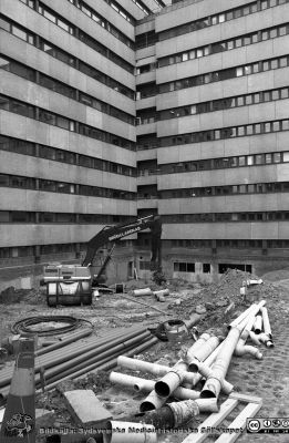 Markarbete vid sydvästra hörnet av C-blocket
Pärm Lasarettsfotograferna i Lund, Pärm negativ, 1990. 48/-90. Resultatet blev en liten grön oas, men också många trappor ned till källarplanet. 90-08-31. Från negativ.
Nyckelord: Lasarettet;Lund;Universitetssjukhus;USiL;Park;Anläggning;Bygge