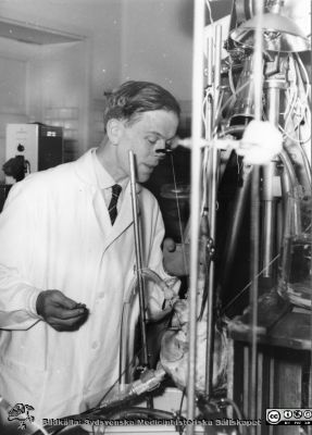 Inge Edler studerar ultraljudsekon i sitt laboratorium
Inge Edler vid sin experimentuppställning för att studera ultraljudsekon i hjärtan. Försöket gjordes på 1950-talet i ett avdelningskök på en stängd vårdavdelning på medicinska kliniken i Lund. Bildkälla: kardiologen Stig Persson i Lund
Nyckelord: Kardiologi;Lund;Universitet;Hjärta;Experiment;Laboratorium