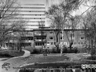 Ögonkliniken 1967 eller 1968
Pärm med bilder för tänkta för A. Flaum "Lasarettet i Lund" (1968). Parken med ankdamm söder om ögonkliniken. Det alldeles nya centralblocket bakom den. Foto 1967 eller 1968.
Nyckelord: Lund;Lasarettet;Universitetssjukhuset;USiL;Ögonklinik;Oftalmologisk;Centralblocket
