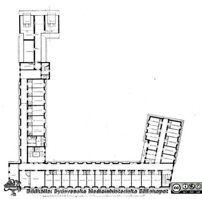 Kvinnokliniken av år 1918
Mansardvåningen: enskilda rum.  Från rastrerad tryckt förlaga: Borelius (1918): Malmöhus Läns Lasarett i Lund 1768-1918. I. De äldre lasarettsbyggnadernas historia.
Nyckelord: Lasarettet;Lund;Universitetssjukhuset;USiL;KK;BB;Obstetrisk;Gynekologisk;Kvinnoklinik;Barnbördshus;Arkitektritning