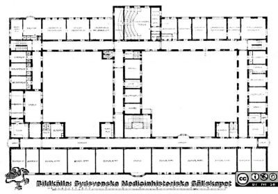 Medicinska Kliniken, Lasarettet i Lund c:a 1918
Våningen 1 trappa upp. Från rastrerad tryckt förlaga: Borelius (1918): Malmöhus Läns Lasarett i Lund 1768-1918. I. De äldre lasarettsbyggnadernas historia.
Nyckelord: Lasarettet;Lund;Universitetssjukhuset;USiL;Arkitektritning;Medicinsk;Klinik