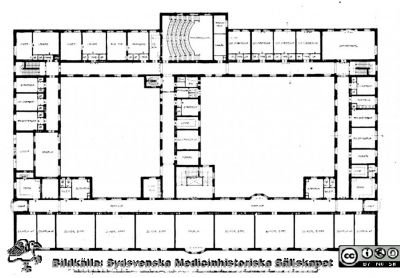 Medicinska Kliniken, Lasarettet i Lund c:a 1918
Våning 2 trappor upp. Från Borelius (1918): Malmöhus Läns Lasarett i Lund 1768-1918. I. De äldre lasarettsbyggnadernas historia.
Nyckelord: Lasarettet;Lund;Universitetssjukhuset;USiL;Medicinsk;Klinik