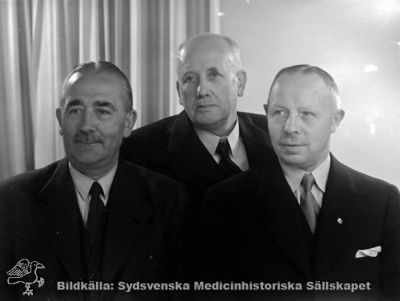 Fackföreningen SSF:s verkställande medlemmar år 1935  
SSF = Statens Sjukhuspersonals Förbund. Vipeholms sjukhus öppnades 1935, så fackföreningen startade redan i samband med öppnandet. Fr. vänster Viktor Svensson, Hans Truedsson, Olof Persson. Foto, omonterat
Nyckelord: Vipeholm;Personal;Fackförening;Statens;Sjukhuspersonal;Förbund;Hans;Truedsson;Viktor;Svensson;Olof;Persson;1935