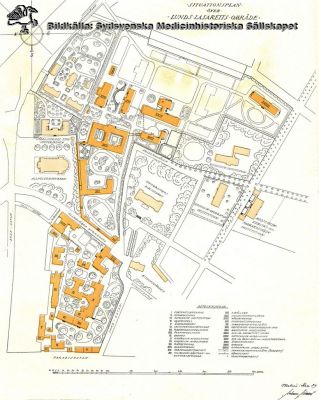 Karta, Lasarettet i Lund, Norra området. 1930-talet.
Lasarettsplanen efter det öronkliniken, ortopediska kliniken och psykiatriska kliniken tillkommit år 1929. Epidemisjukhuset och Sköterskehemmet är också byggda. Publicerad på sid 225 i A. Flaum: "Lasarettet i Lund 1768 - 1968", Lund 1968.
Nyckelord: Karta;Lasarettet;Lund;Norra;Området;Plan;;Flaum;