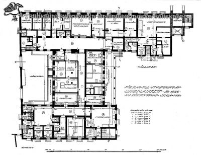 Lunds Lasaretts kök av år 1926, källarvåningen.
Planritning över Lunds Lasarett nya köksbyggnad år 1926, källarvåningen. Huset hyser sedan början på 2000-talet Theologicum.
Nyckelord: Lund;Lasarett;Planritning;Kök;Köksbyggnad;Källare;Källarvåning;Theologicum