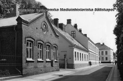 Paradisgatan i Lund. Portvaktshuset, ekonomibyggnaden och kurhuset. 
Foto troligast i mitten på 1900-talet.
Nyckelord: Lasarettet;Lund;Paradisgatan;Portvaktshus;Ekonomibyggnad;Kurhuset.