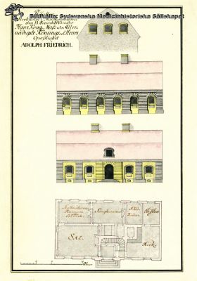 Stallmästarhuset före ombyggnaden till lasarett
Akvarellerad ritning av Carl Hårleman 1743, i Lunds Universitetsbibliotek. Publicerad i A. Flaums historik 1968 över Lasarettet i Lund, sid 91.
Nyckelord: Kapsel01;Medicin;1743;Stallmästare;Stallmästarhuset;Södra;Området;Flaum;Lund;Lasarett