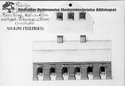 Stallmästarhuset före ombyggnaden till lasarett
Akvarellerad ritning av Carl Hårleman 1743, i Lunds Universitetsbibliotek. Utsnitt ur bild publicerad i A. Flaums historik 1968 över Lasarettet i Lund, vid sid 91.
Nyckelord: Kapsel01;Medicin;1743;Stallmästare;Stallmästarhuset;Södra;Området;Flaum;Lund;Lasarett