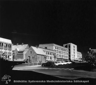 Nyanlagd huvudinfart till Lasarettet i Lund i början på 1960-talet
Från vänster nybyggd administrationsbyggnad, ett gammalt hus (kanske från lasarettets trädgårdsmästeri, som låg här ännu på 1950-talet ochsom snart revs) och det alldeles nybyggda AB-blocket vid Lasarettet i Lund.
Nyckelord: Kapsel 03;Regionarkivet;Lasarettet;Lund;Administration