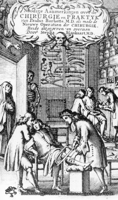 Titelsidan till "Noodige Aanmerkingen over de CHIRURGIE en PRAKTYK" av Paulus Barbette, M.D.
Kirurgi. MS-8.591.
Nyckelord: Kapsel 09;Kirurgi;Bok;Titelsida;Paulus;Barbette;Reprofoto