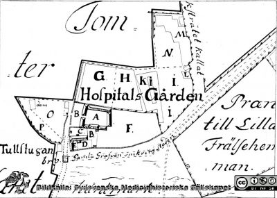 Detalj av karta över Hospitalsgårdens ägor från 1745, i Lund 
Byggnaderna vid E är kyrkan och hospitalet. Efter R. Blomqvist, "Lunds historiska. Medeltiden" (1951) Sid. 17
Nyckelord: Karta;Lund;1700-talet;Kapsel 17