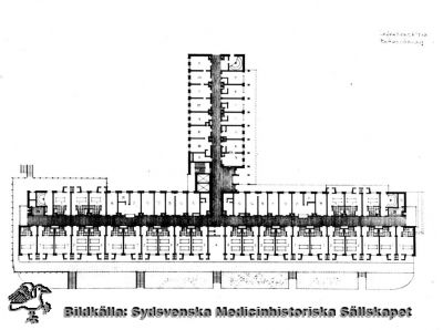 Plan av infektionsklinikens första våning
Nederst ses fasaden mot söder med observationsavdelningens isoleringsrum. Flygeln mot norr innehåller mottagnings- och undersökningsavdelning. Publicerad i Flaum 1968, sid.252. Reprofoto av tryckt bild. Monterat
Nyckelord: Kapsel 18;Planritning;Infektion;Klinik;Lund;Lasarett